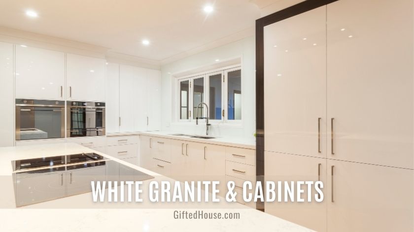 White Granite countertops with white cabinets